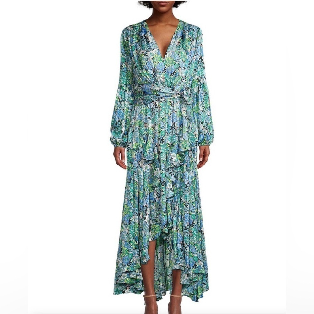 Elliatt Revolve Claude Ruffled Satin Maxi Dress Floral High Low hem Blue Small S - Picture 3 of 13